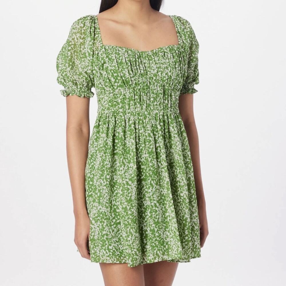 ABERCROMBIE Smocked Balloon Sleeve Mini Dress Green White Small S